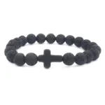 Black Lava Stone Bracelet with Cross
