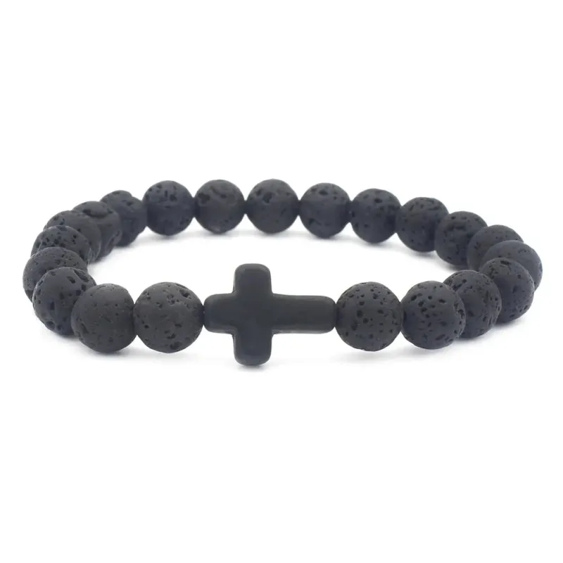Black Lava Stone Bracelet with Cross