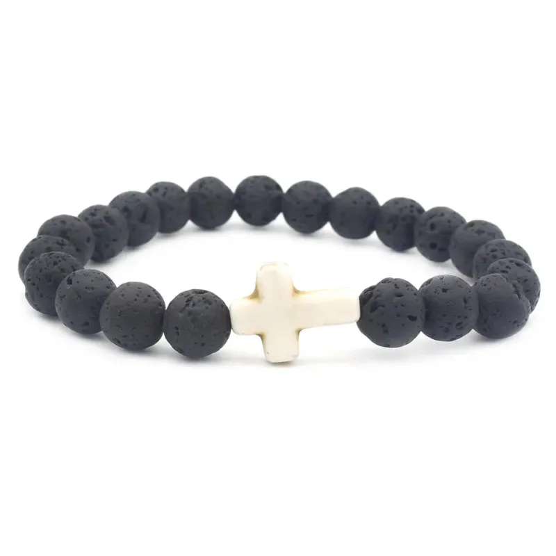 Black Lava Stone Bracelet with Cross - Image 2