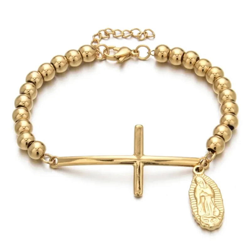 Cross and Virgin Mary Medallion Bracelet
