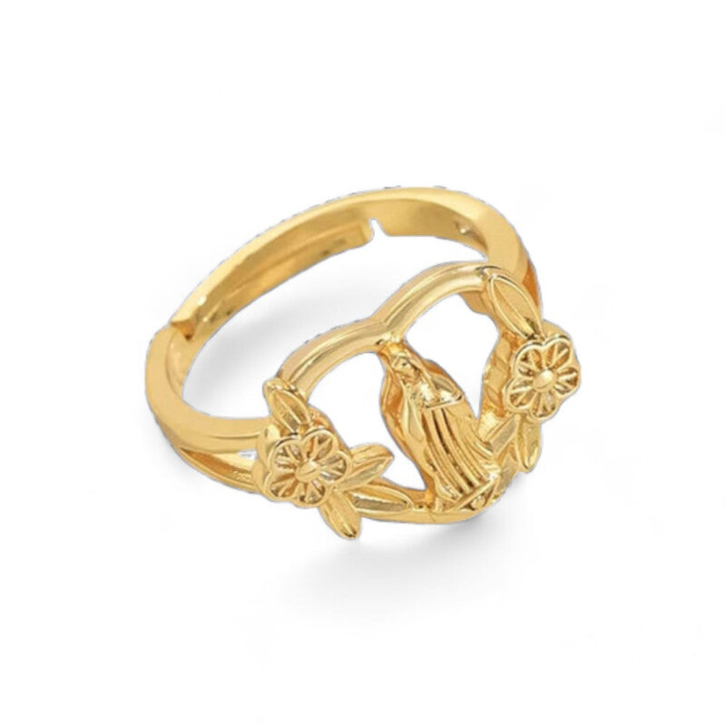 Cross Heart Virgin Mary Ring with Flowers - Image 3