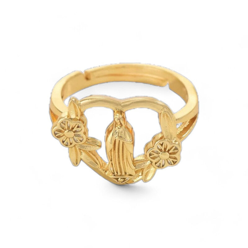 Cross Heart Virgin Mary Ring with Flowers