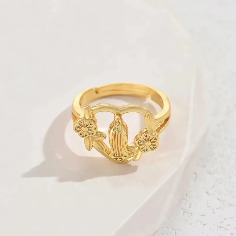Cross Heart Virgin Mary Ring with Flowers - Image 2
