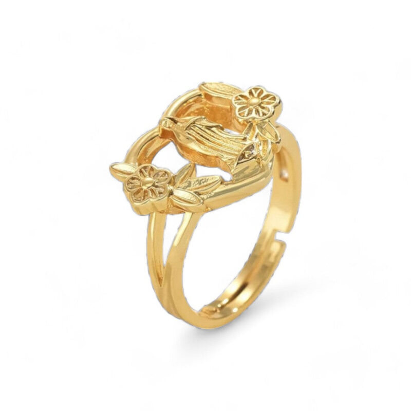 Cross Heart Virgin Mary Ring with Flowers - Image 4