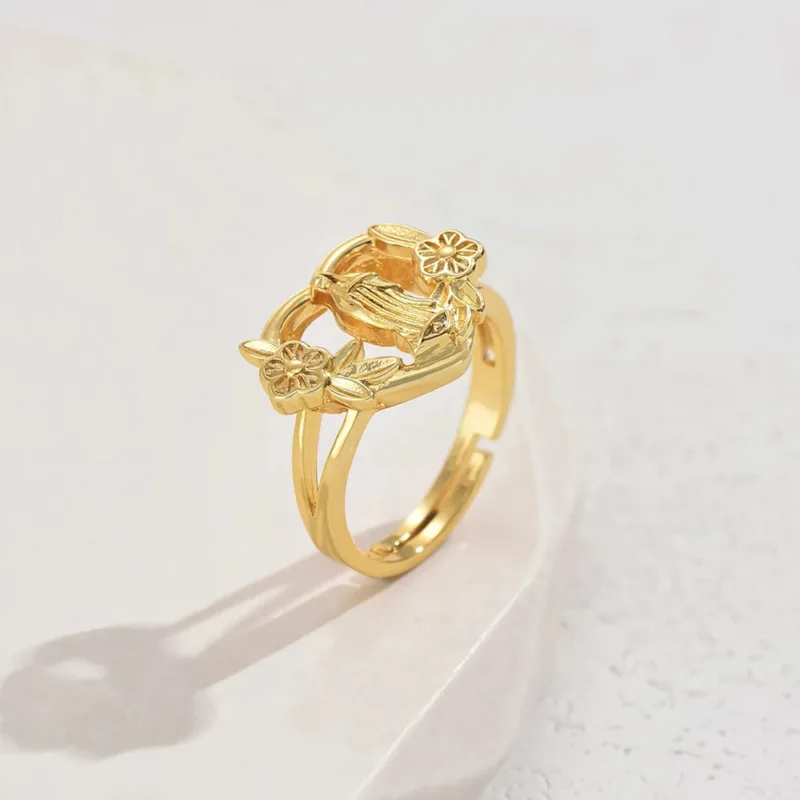 Cross Heart Virgin Mary Ring with Flowers - Image 6