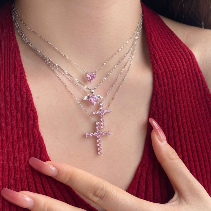 Cross Necklace Pink Heart Stones - Image 2