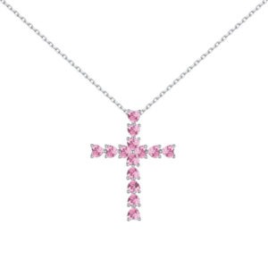 Cross Necklace Pink Heart Stones