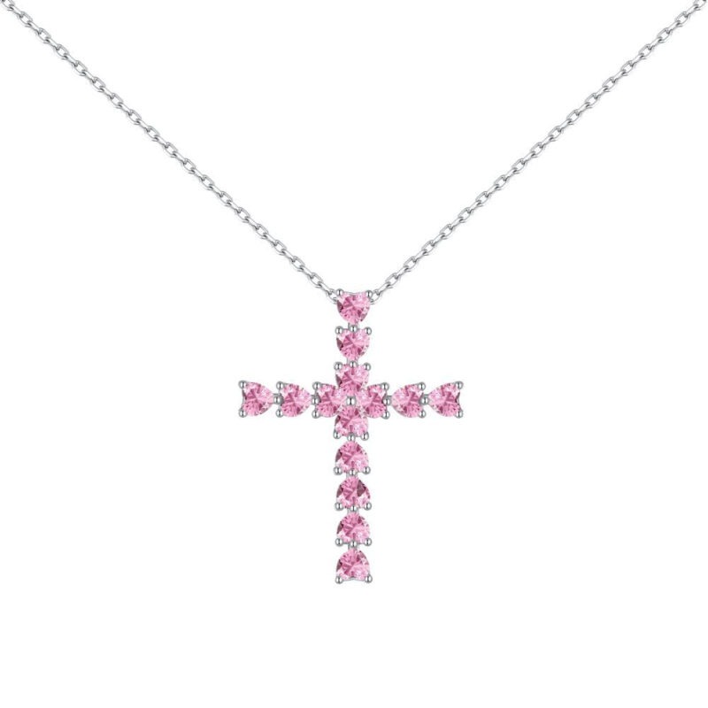 Cross Necklace Pink Heart Stones