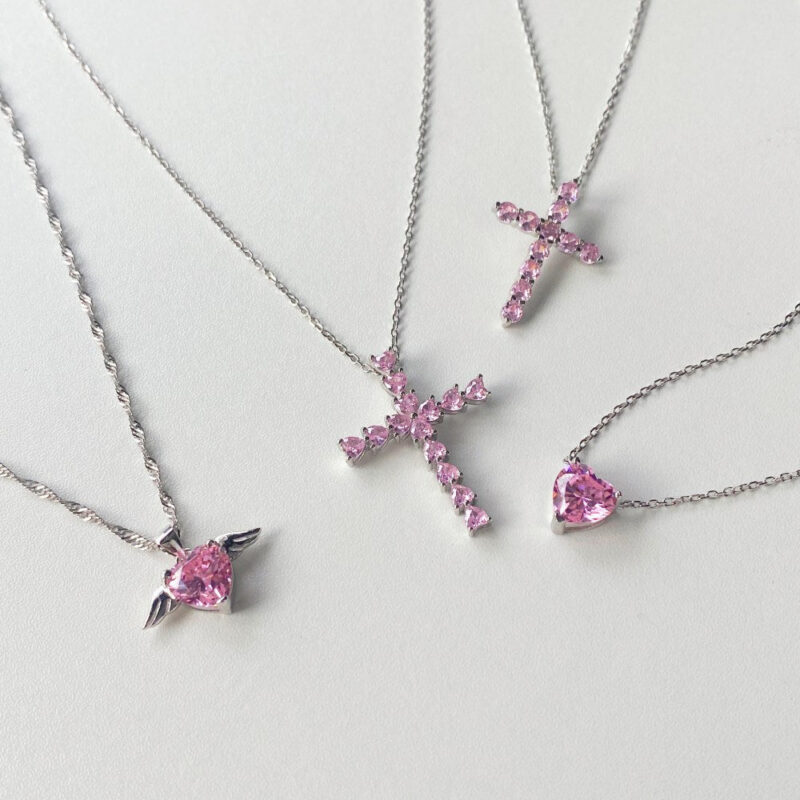 Cross Necklace Pink Heart Stones - Image 3