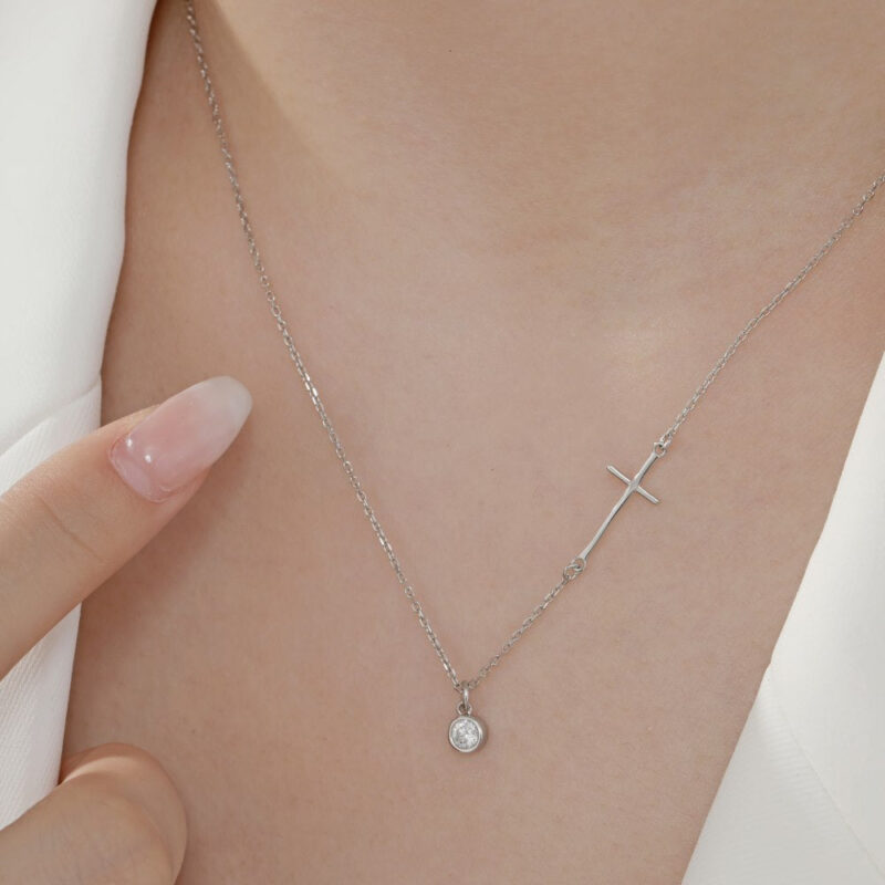 Cross Necklace with Shiny Stone Pendant - Image 2
