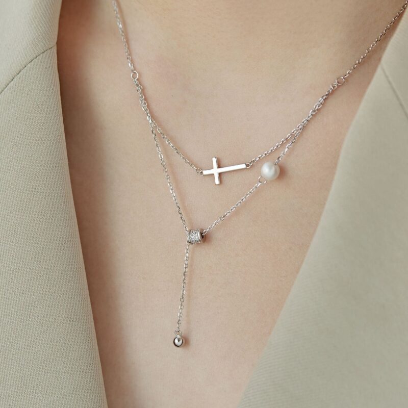 Cross Necklace Women's Pearl and Suspended Bead - Image 2