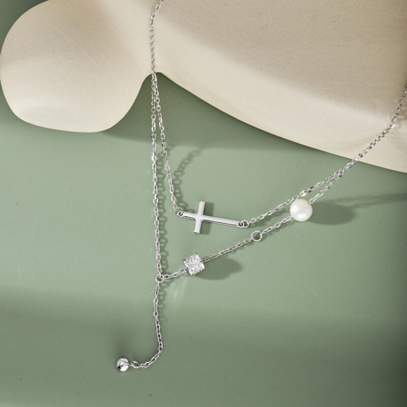Cross Necklace Women's Pearl and Suspended Bead - Image 3