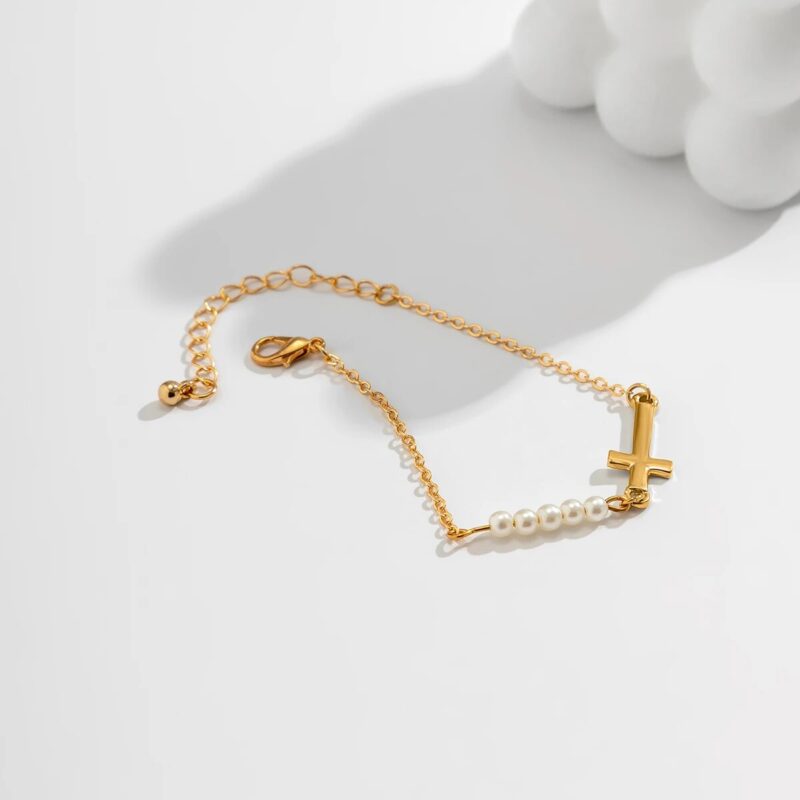 Gold Bracelet with Cross and Beads - Image 4