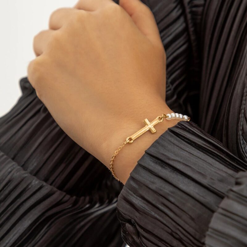Gold Bracelet with Cross and Beads - Image 3