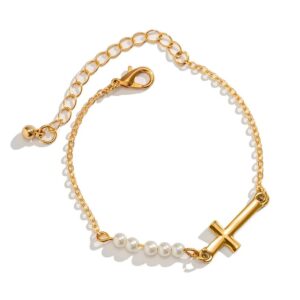 Gold Bracelet with Cross and Beads