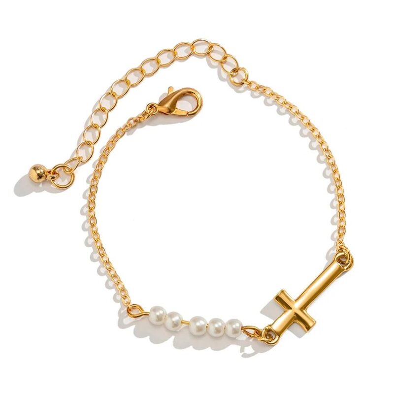 Gold Bracelet with Cross and Beads
