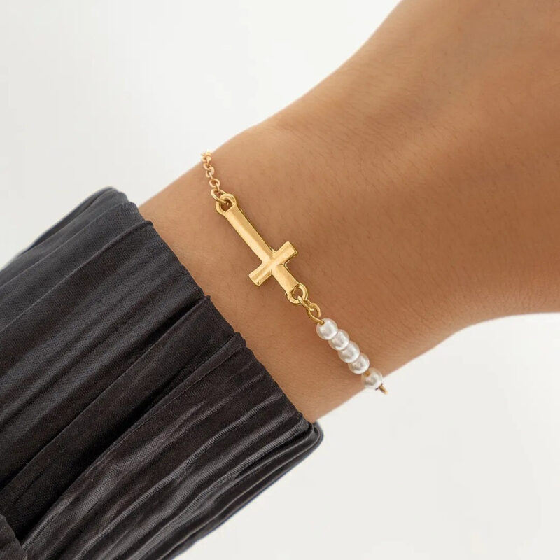 Gold Bracelet with Cross and Beads - Image 5