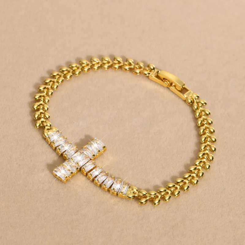 Gold Cross Bracelet with Zirconia Stones - Image 4