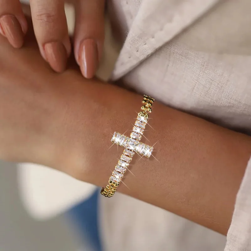 Gold Cross Bracelet with Zirconia Stones - Image 3