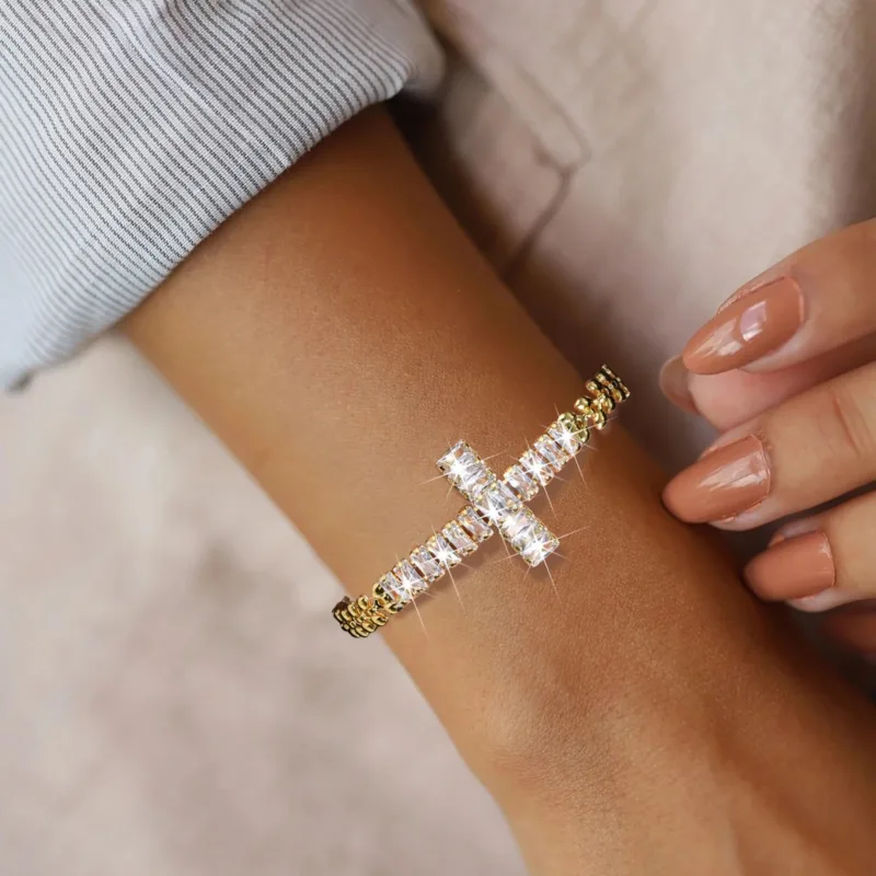 Gold Cross Bracelet with Zirconia Stones - Image 2