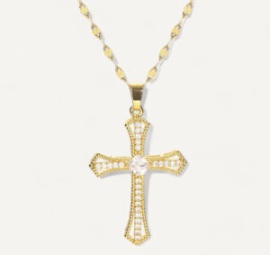 Gold Cross Pendant Necklace with Central Stone