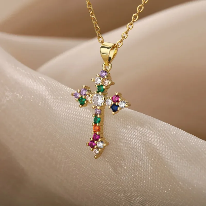 Golden Cross Necklace with Multicolored Stones - Image 5