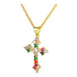 Golden Cross Necklace with Multicolored Stones