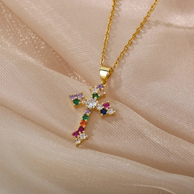 Golden Cross Necklace with Multicolored Stones - Image 4