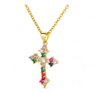 Golden Cross Necklace with Multicolored Stones