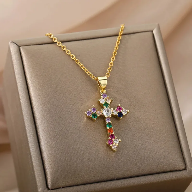 Golden Cross Necklace with Multicolored Stones - Image 2