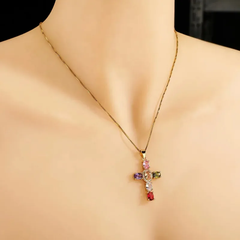 Majestic Cross Necklace with Colored Stones - Image 2