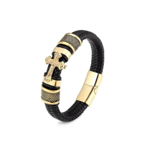 Men's Cross Gold-Plated Braided Leather Bracelet