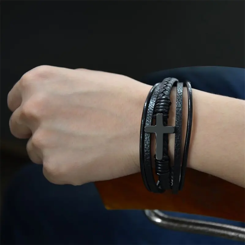 Men's Leather Cross Bracelet - Image 7