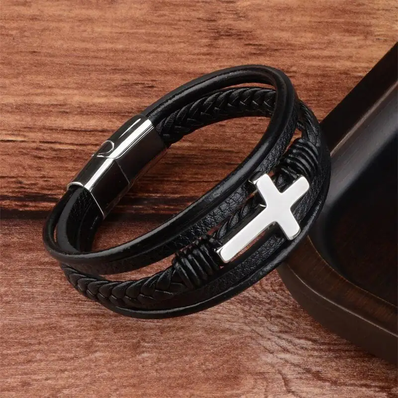 Men's Leather Cross Bracelet - Image 5