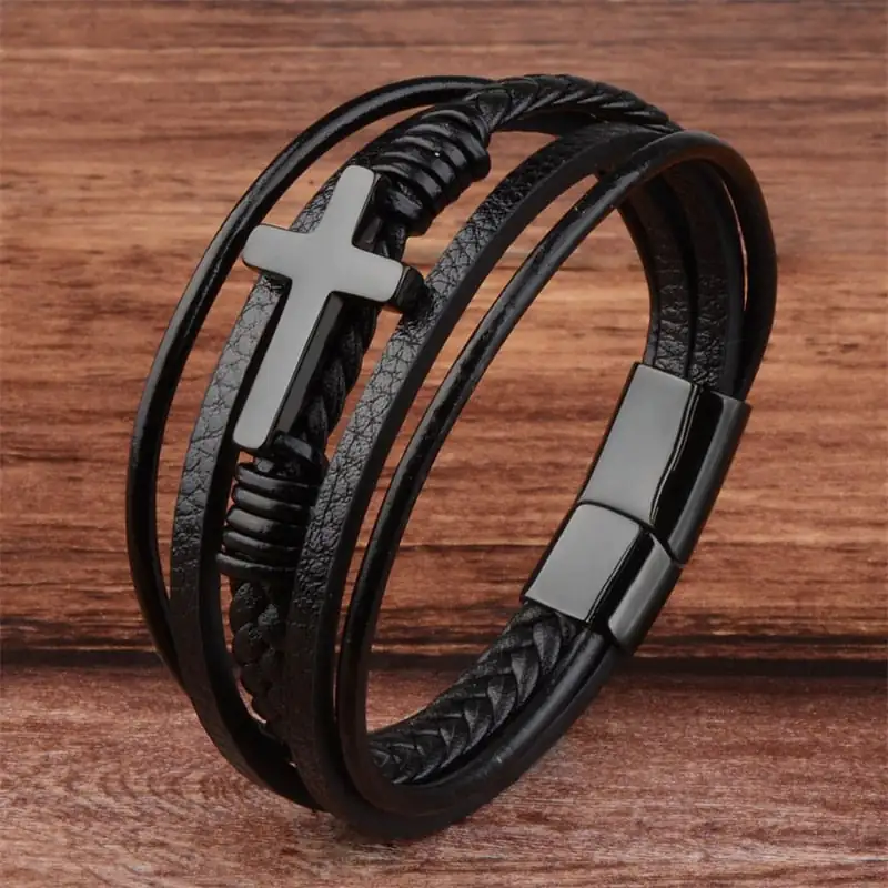 Men's Leather Cross Bracelet - Image 4