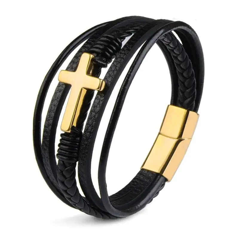 Men's Leather Cross Bracelet - Image 3