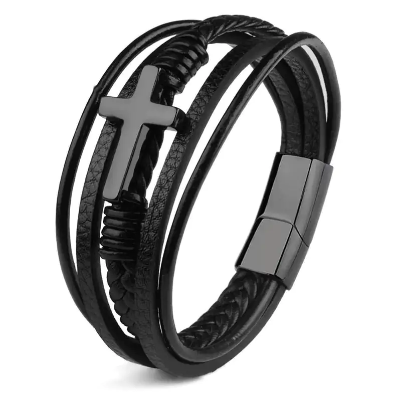 Men's Leather Cross Bracelet - Image 2