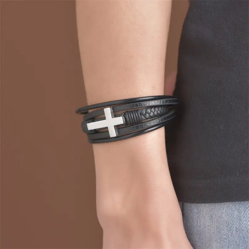 Men's Leather Cross Bracelet - Image 9