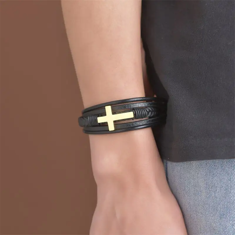 Men's Leather Cross Bracelet - Image 8