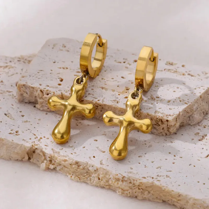 Shiny Gold Cross Hoop Earrings - Image 2