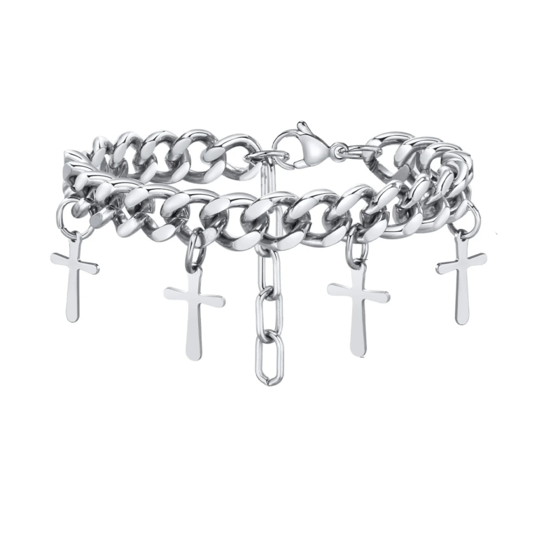 Silver Bracelet with Hanging Crosses