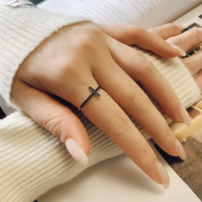 Simple Black Stone Cross Ring - Image 2