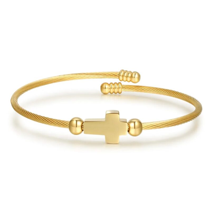 Twisted Gold Bangle with Cross - Image 2