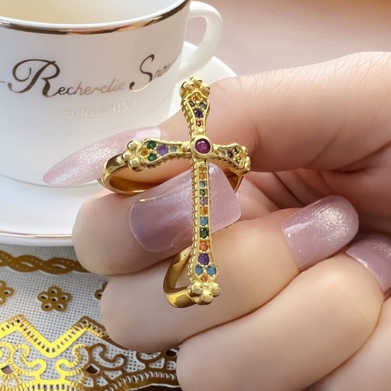 Vintage Cross Ring Multicolored Stones - Image 3