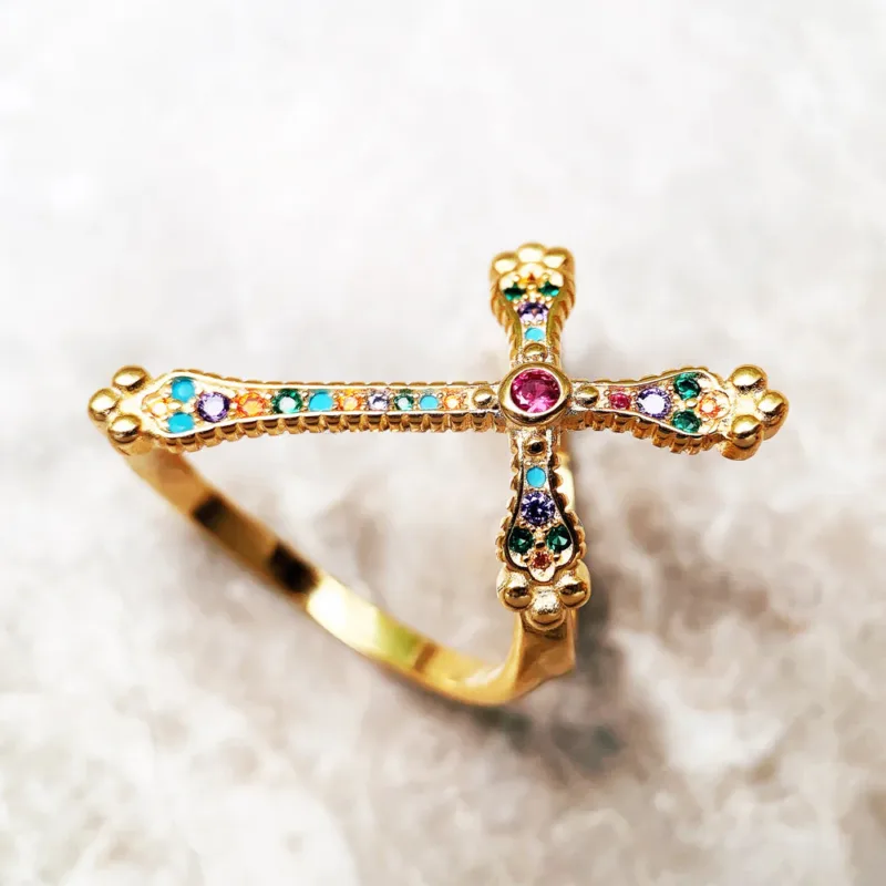 Vintage Cross Ring Multicolored Stones - Image 2