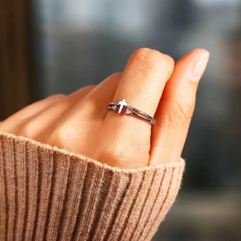 Women's Cross Ring with Two Sparkling Stones - Image 2