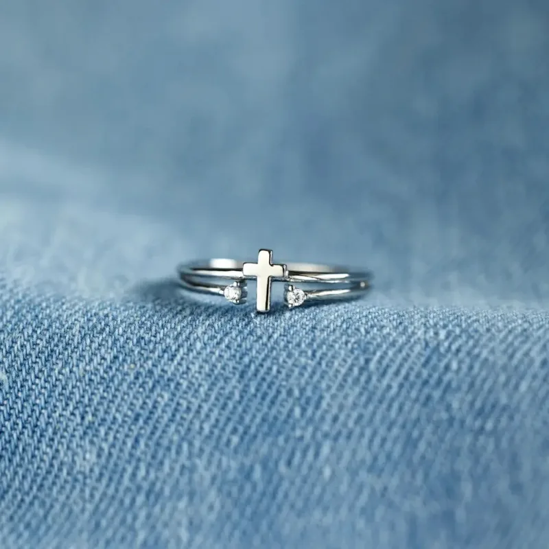 Women's Cross Ring with Two Sparkling Stones - Image 3
