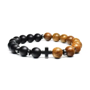 Wood and Black Cross Bracelet